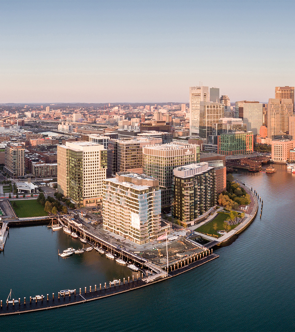 fan pier aerial view of site from harbor to city