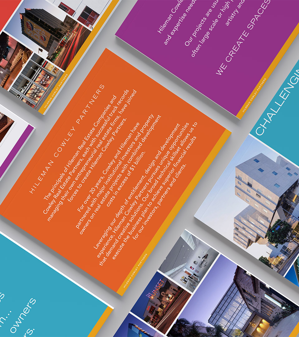 hileman real estate companies pitch book pages with orange, magenta and aqua