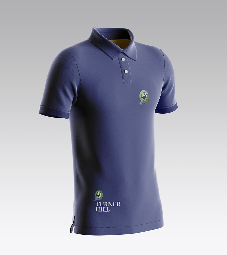 blue polo shirt with turner hill logo