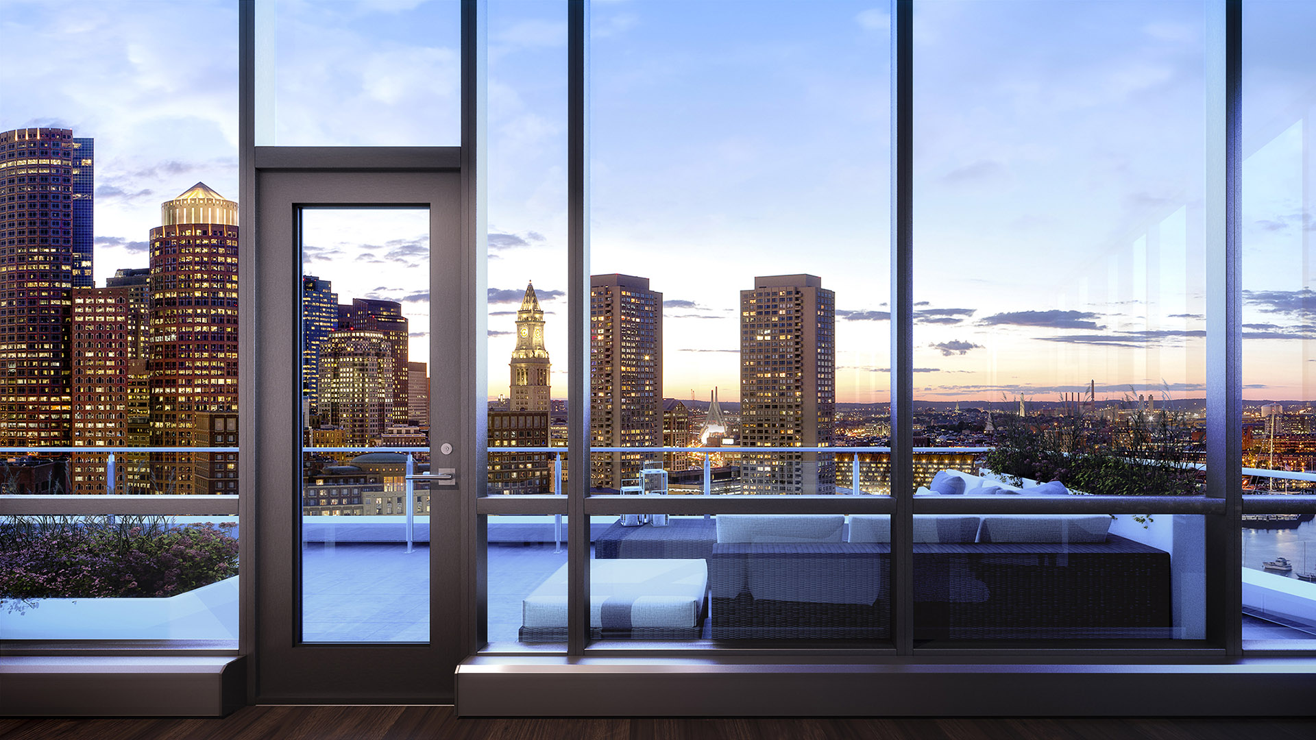 twenty two liberty interior looking at city and roofdeck