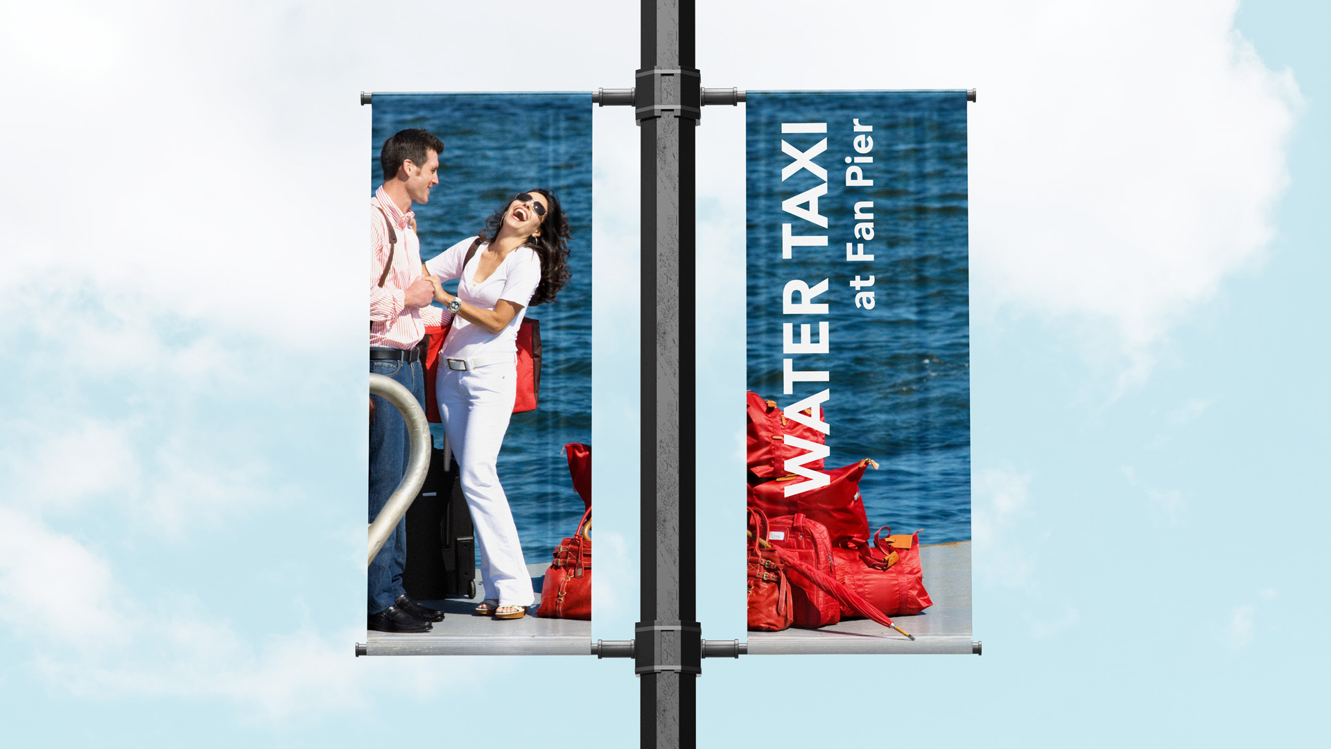 twenty two liberty pole flags with couple laughing and red bags on dock