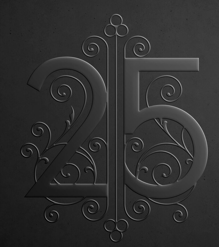 Embossed 25 Beacon logo on black and white covers