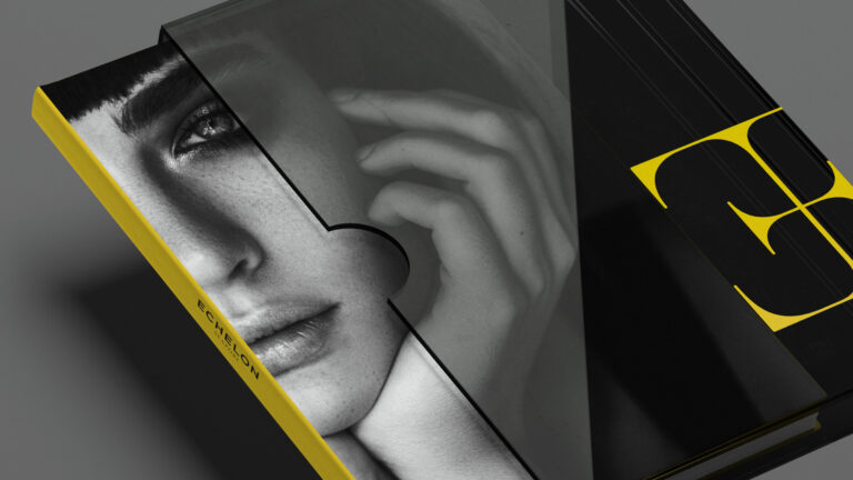 echelon seaport brochure with girl in black and white with yellow echelon e