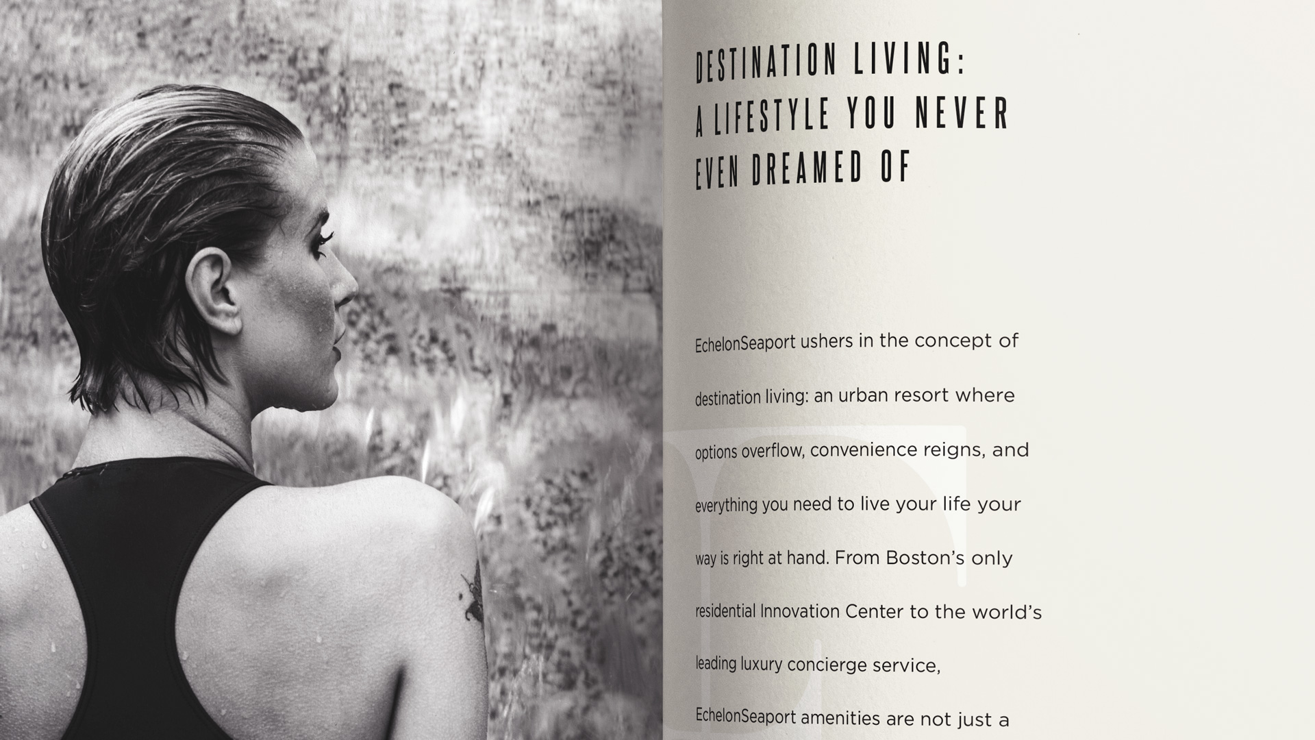 echelon seaport brochure open with girl in waterfall and text