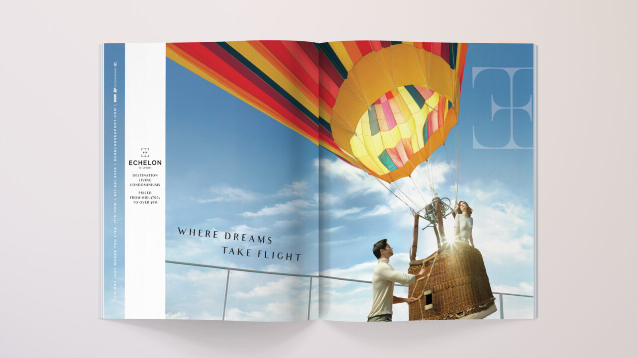 echelonseaport print ad campaign with couple in hot air balloon