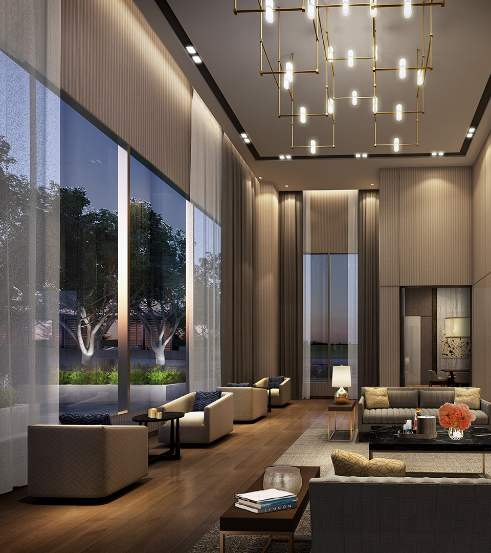 echelonseaport fireplace lounge rendering with windows on left and chandelier