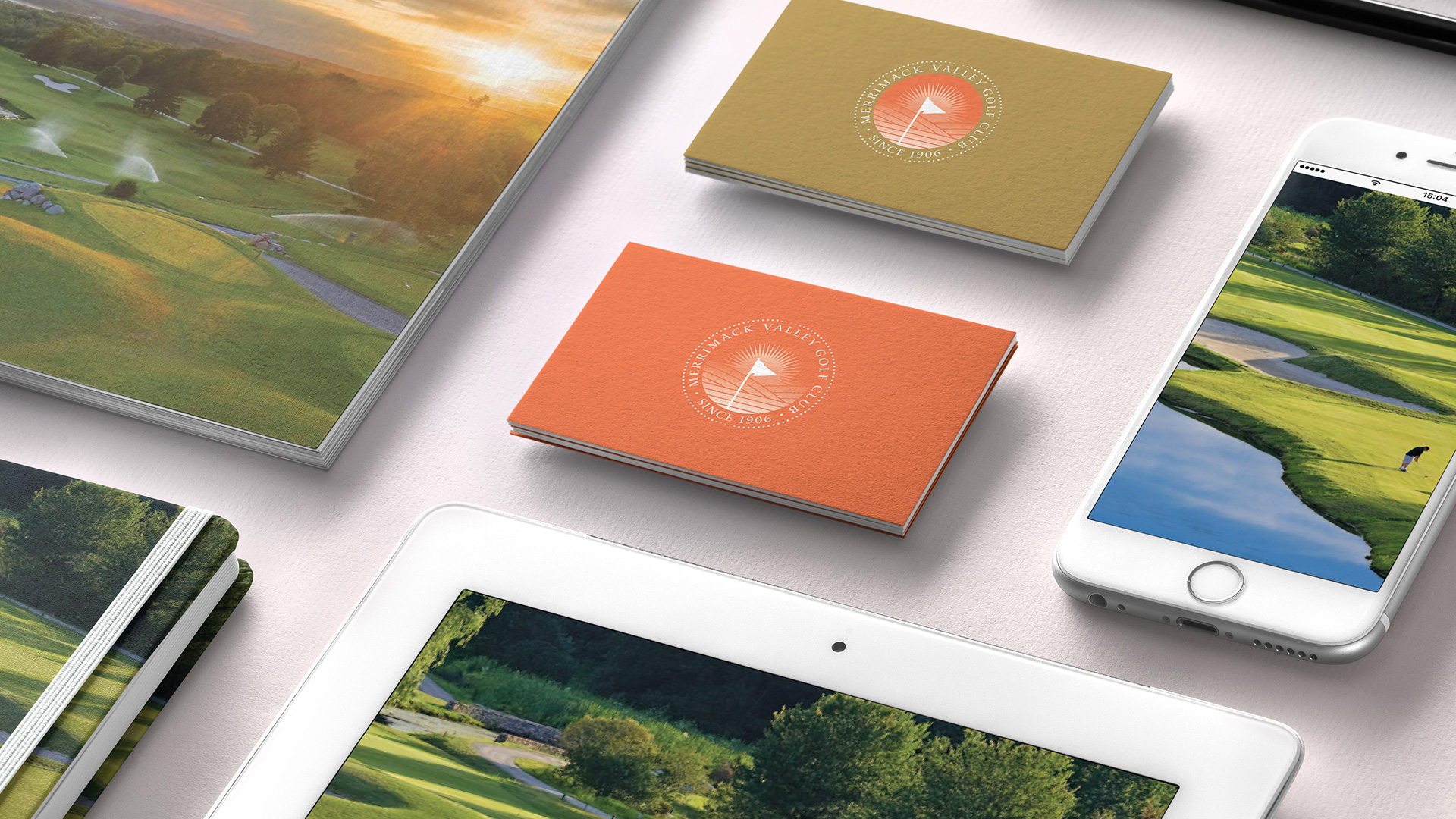 merrimack golf club branding with cards and iPhone