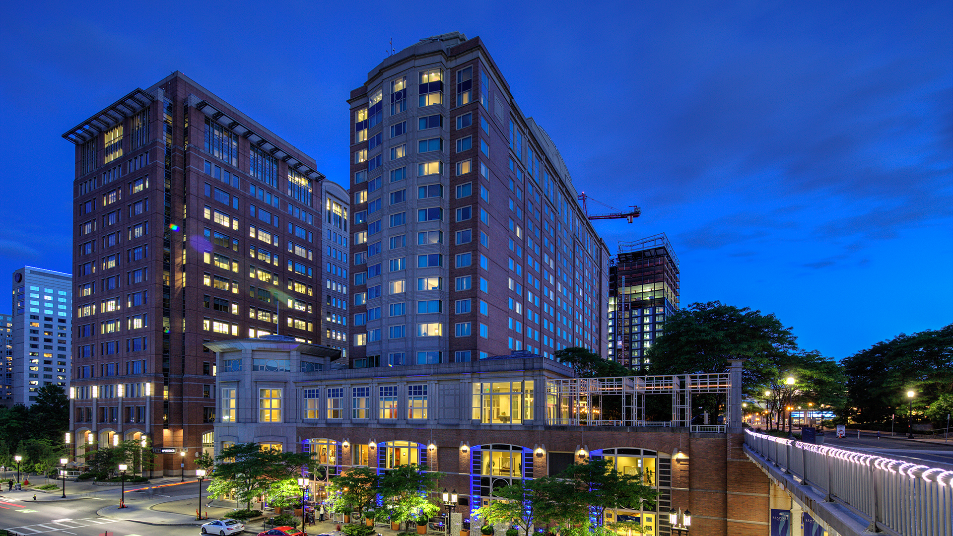 seaport hotel building at night