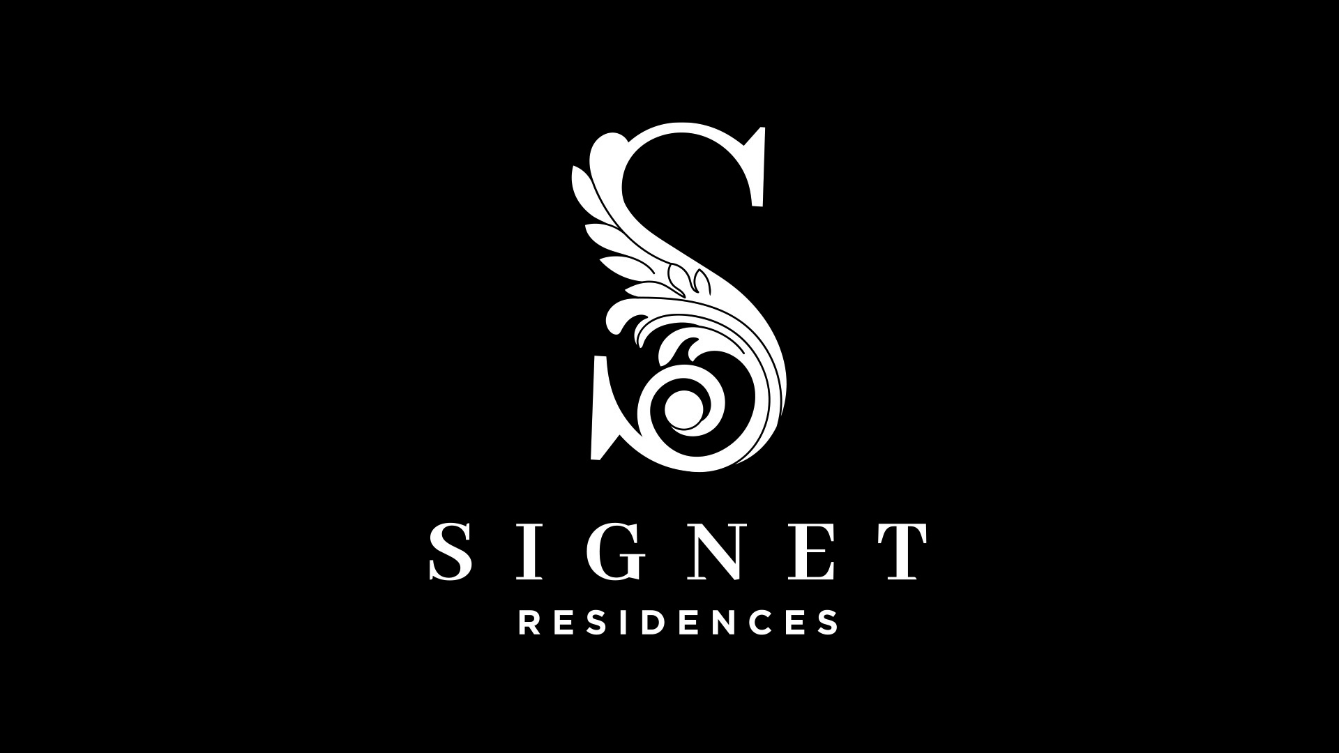 signet white logo on black background