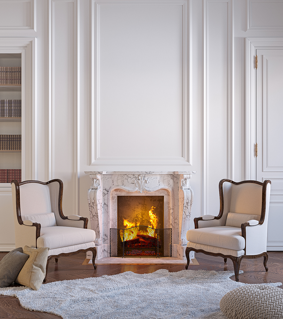 signet white room with fireplace and two chairs