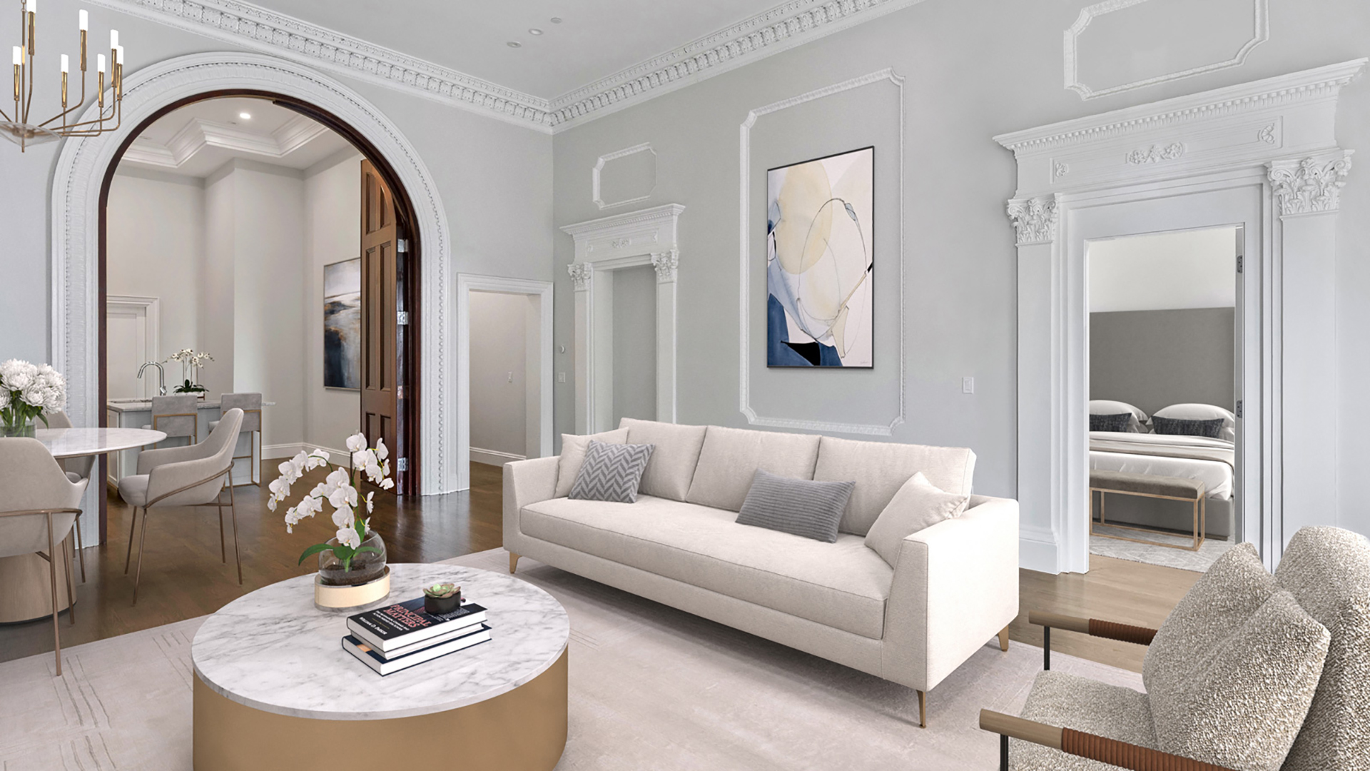 signet woodward living room with arch