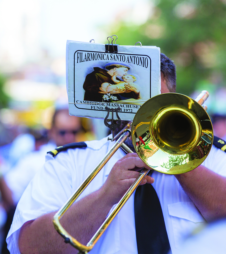 the sudbury man playing trombone in north end parade