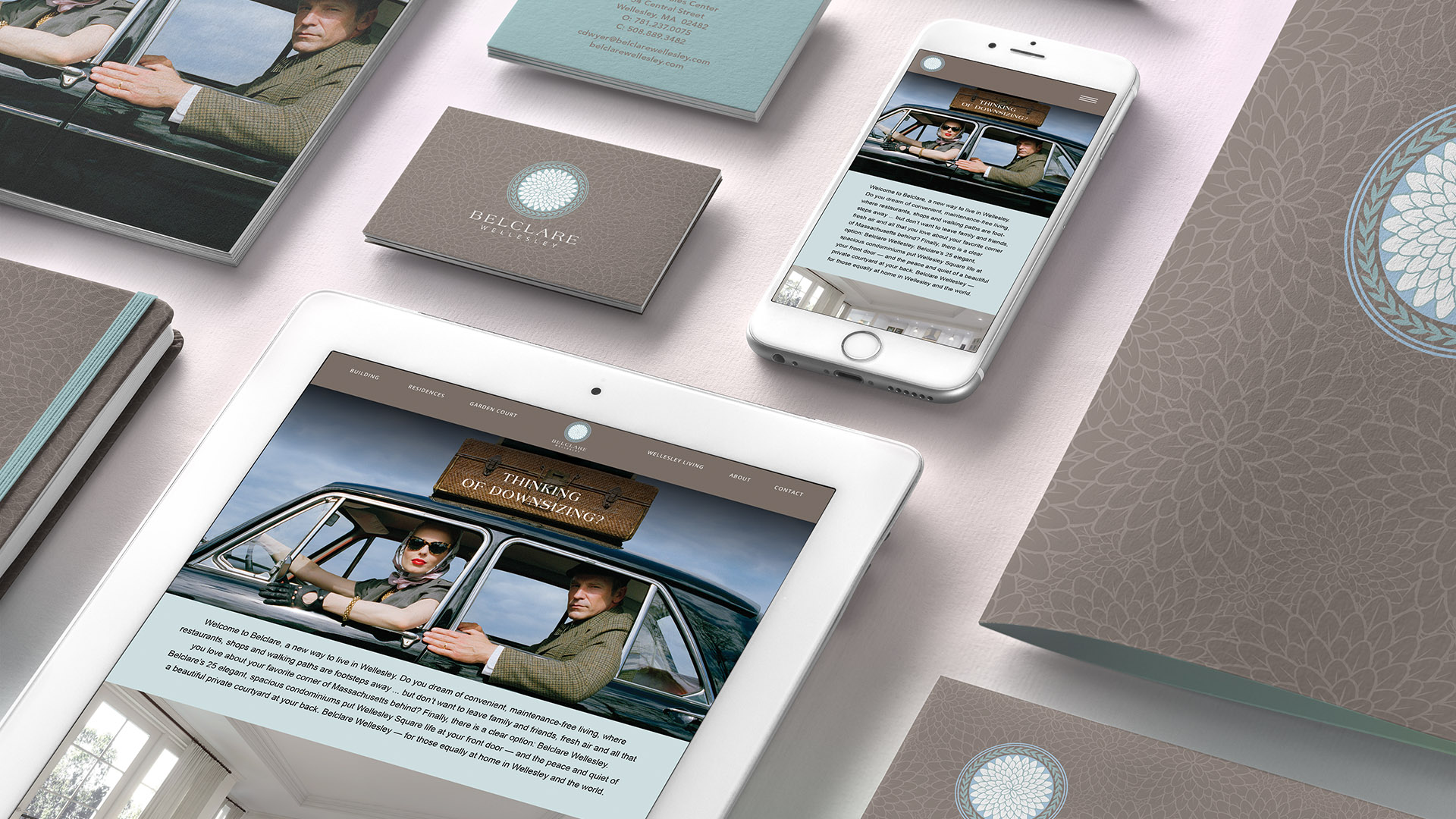Belclare wellesley identity with iPad, business cards and iPhone website