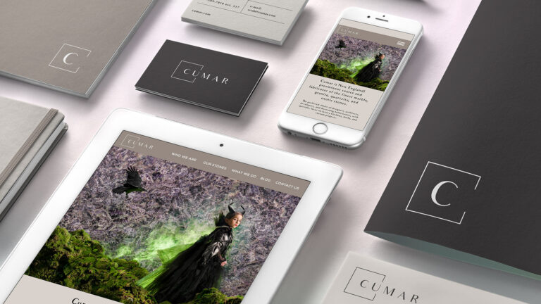 cumar brand identity with iPhone and iPad and business cards