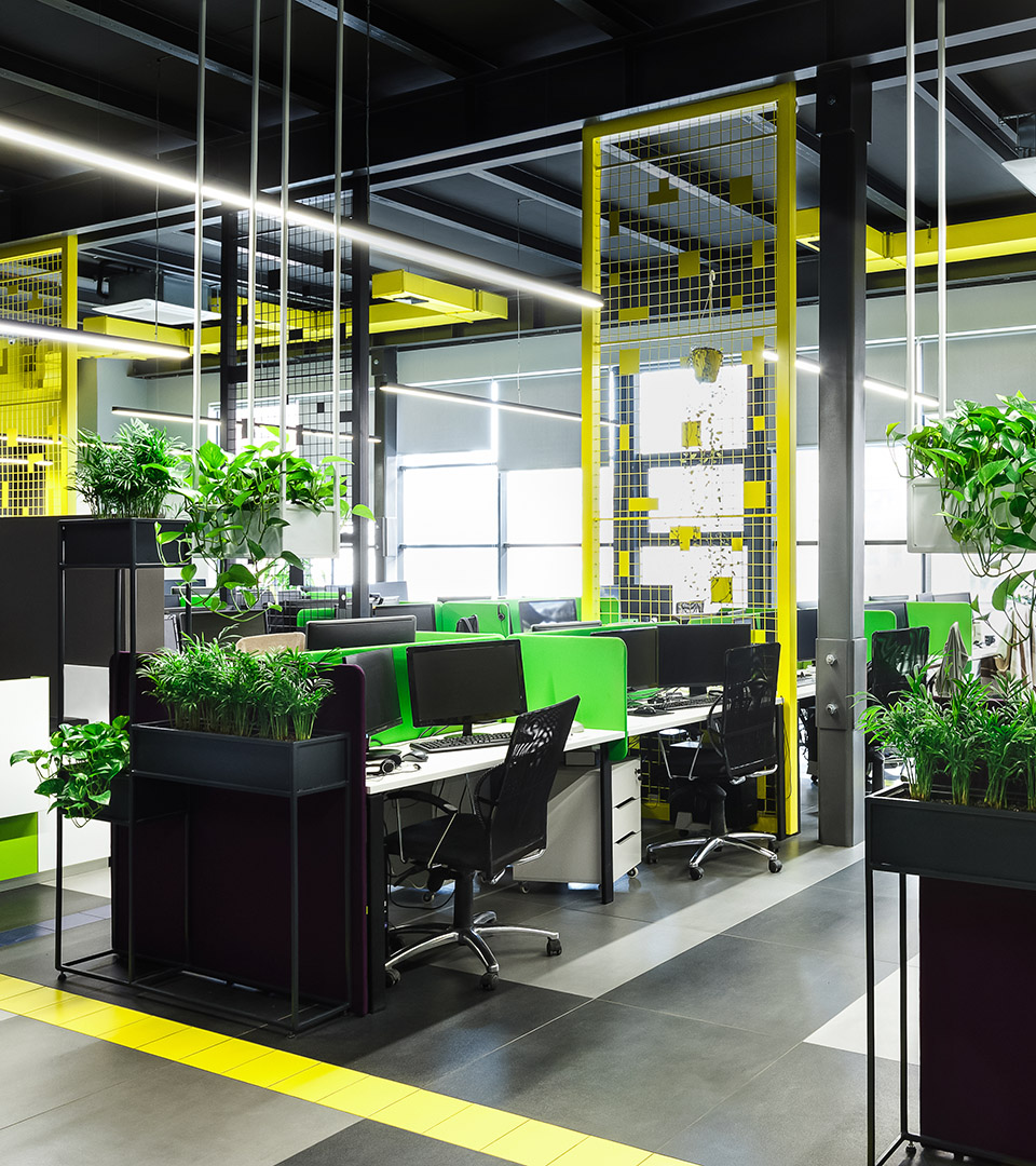 makor office interior with loft windows, yellow pipes and green workplaces