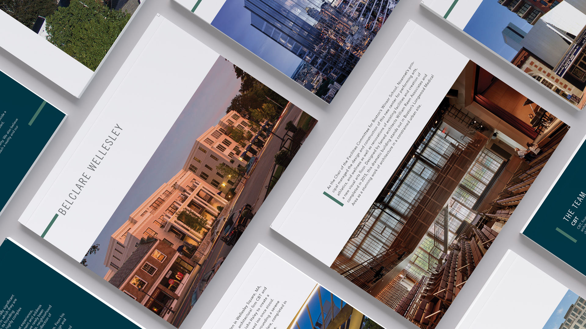 The noannet group print presentation template with several pages laid out diagonally