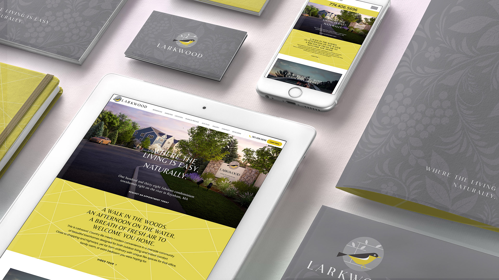 Larkwood branding folder, iphone and ipad