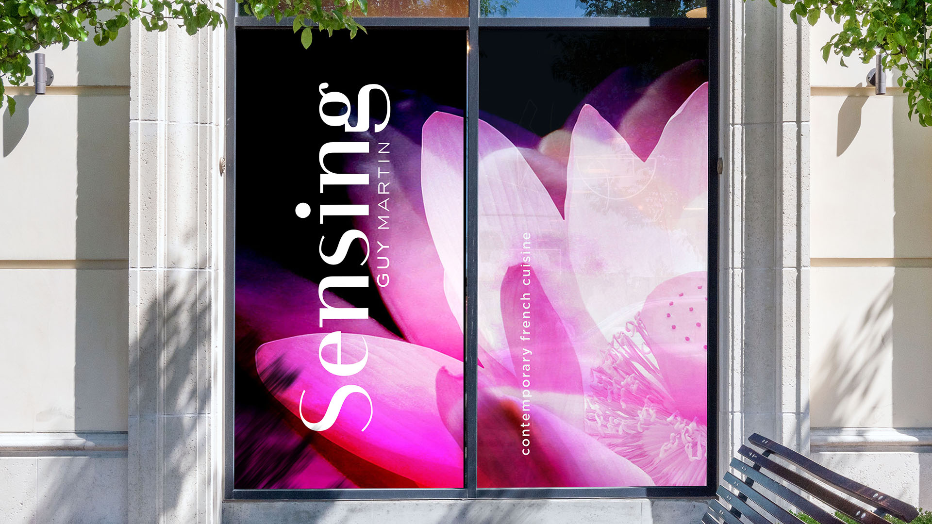 sensing pink flower and logo in window