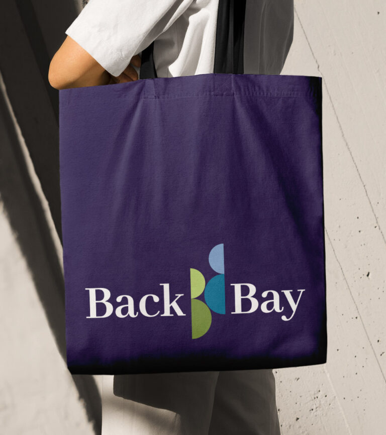 back bay association purple tote with logo vertical