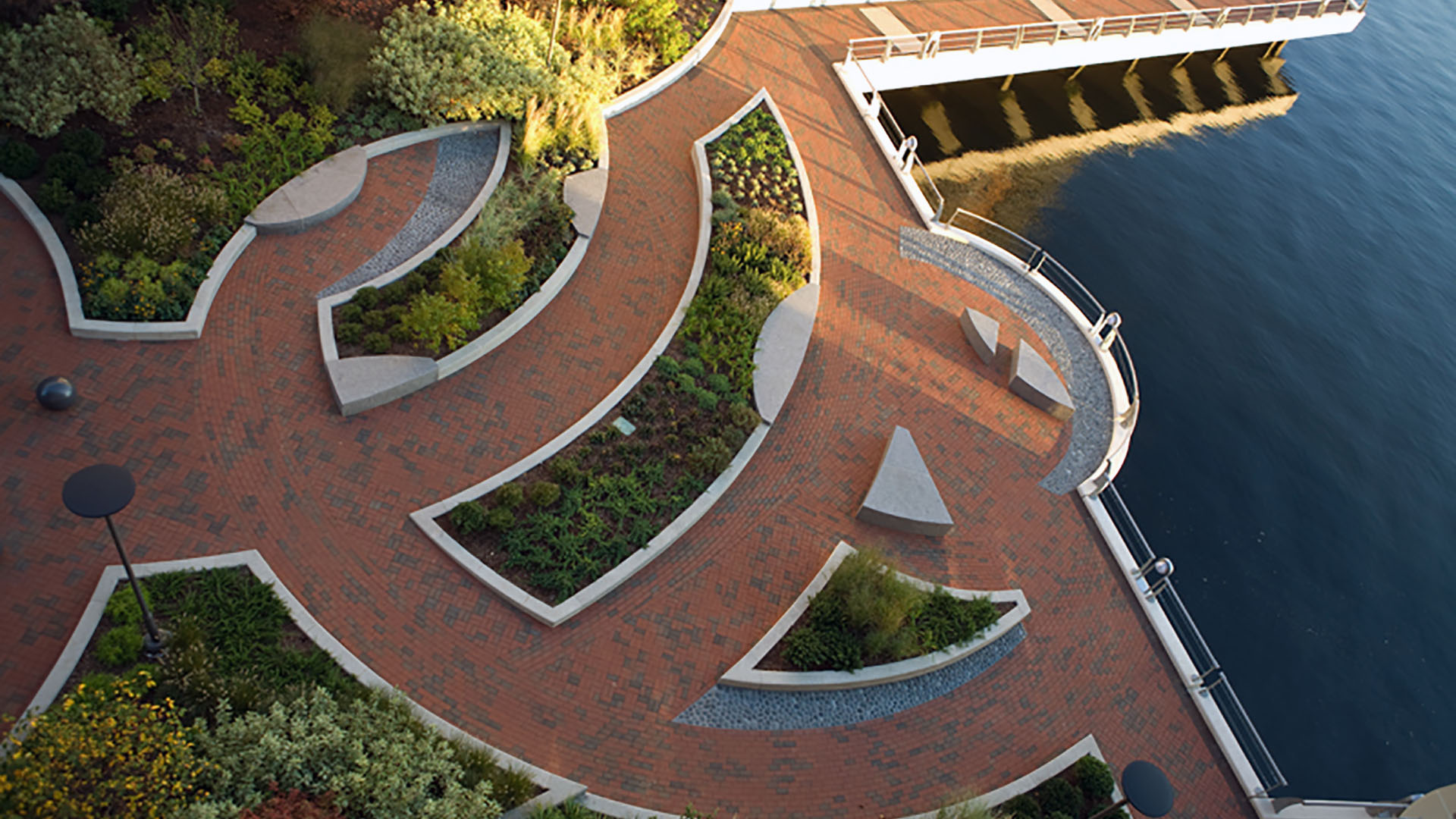 battery wharf aerial view of garden and dock