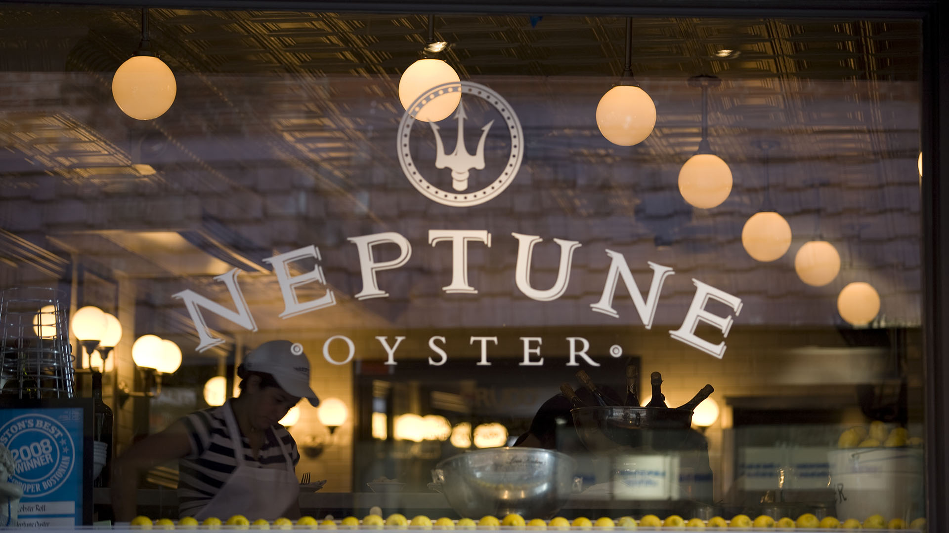 battery wharf neptune oyster window and sign