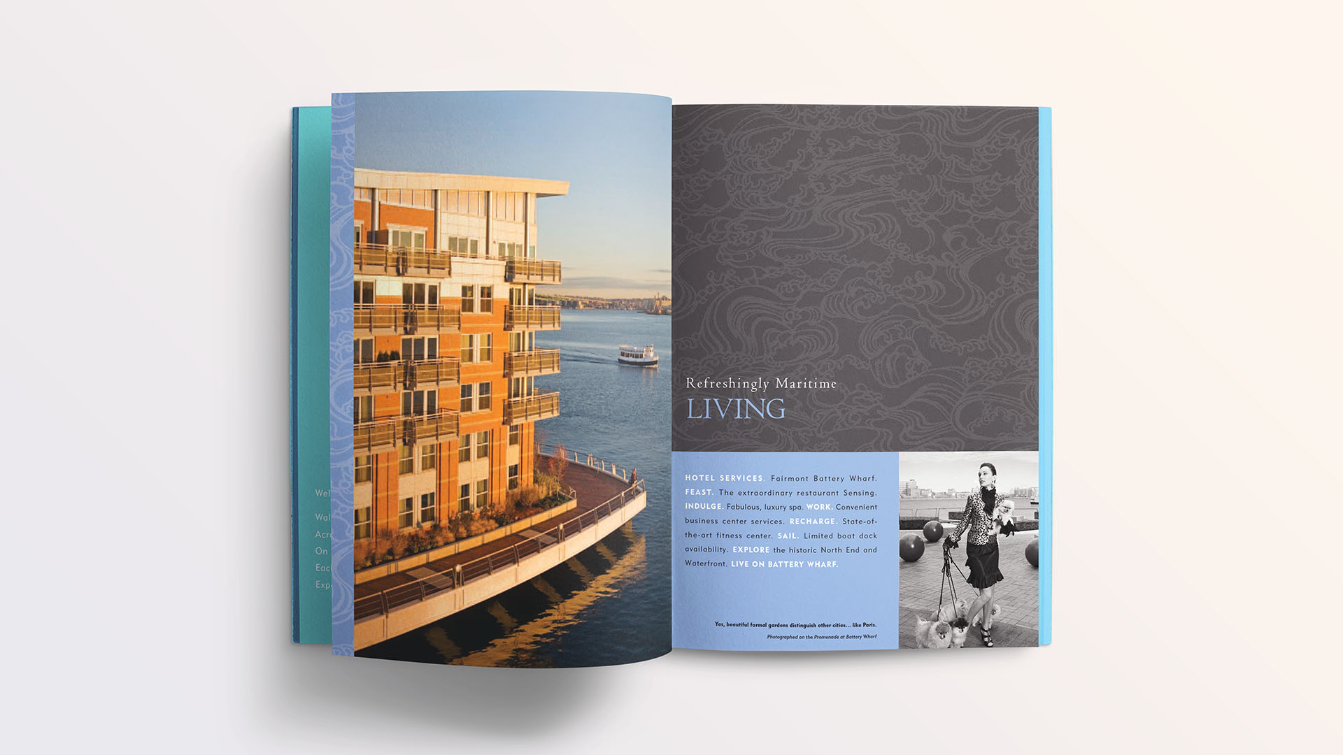battery wharf open brochure with building and woman and dogs