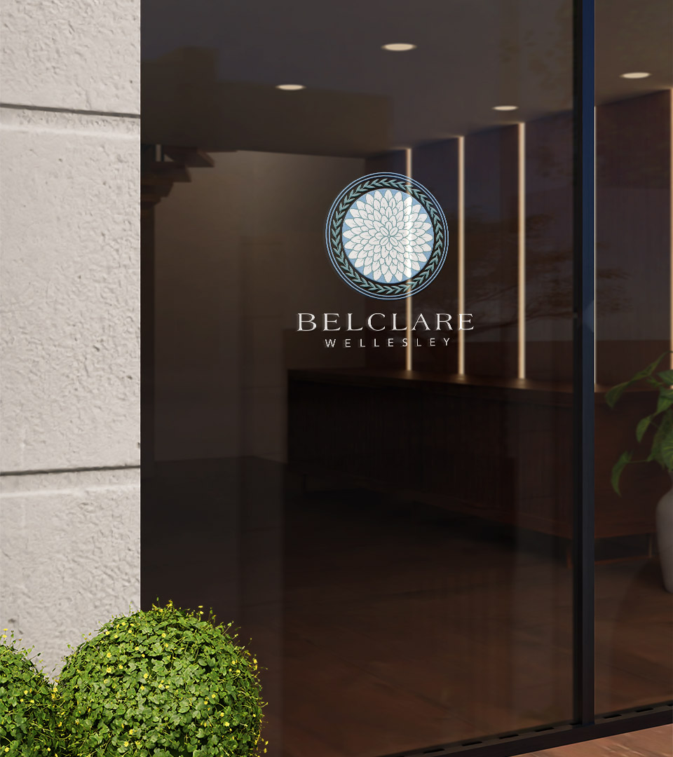 Belclare Wellesley residential community branding applied to glass entry signage