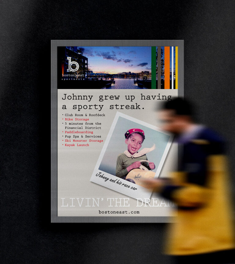 Boston East transit ads using Polaroid frames and bold graphic stripes.