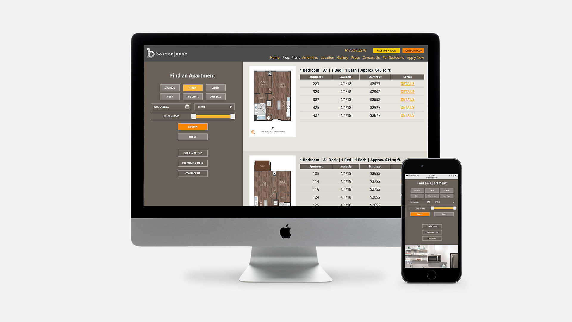 boston east website and mobile showing floor plans