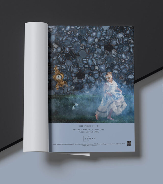 boston branding agency worked with cumar marble and granite to create this image of cinderella loosing her shoe against a backdrop of dark marble