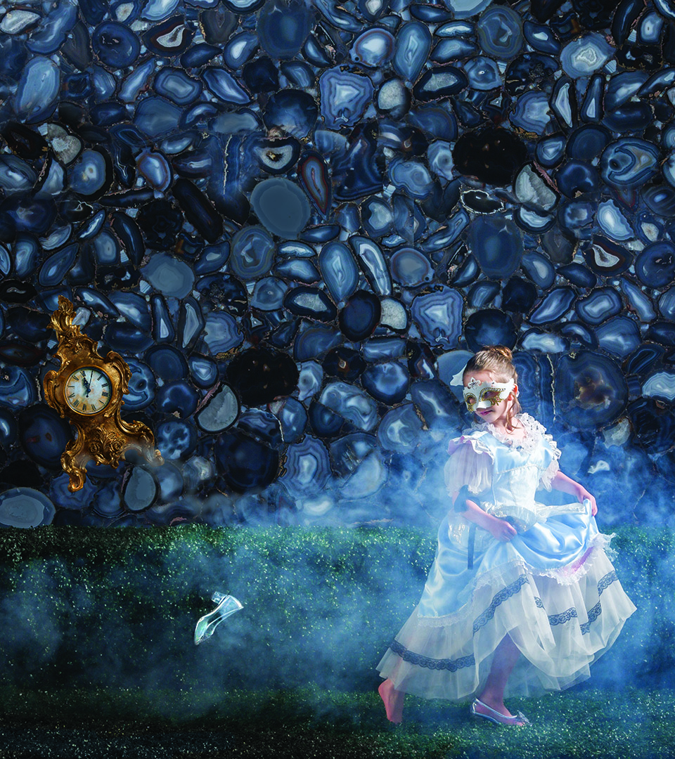 boston branding agency worked with cumar marble and granite to create this image of cinderella loosing her shoe against a backdrop of dark marble