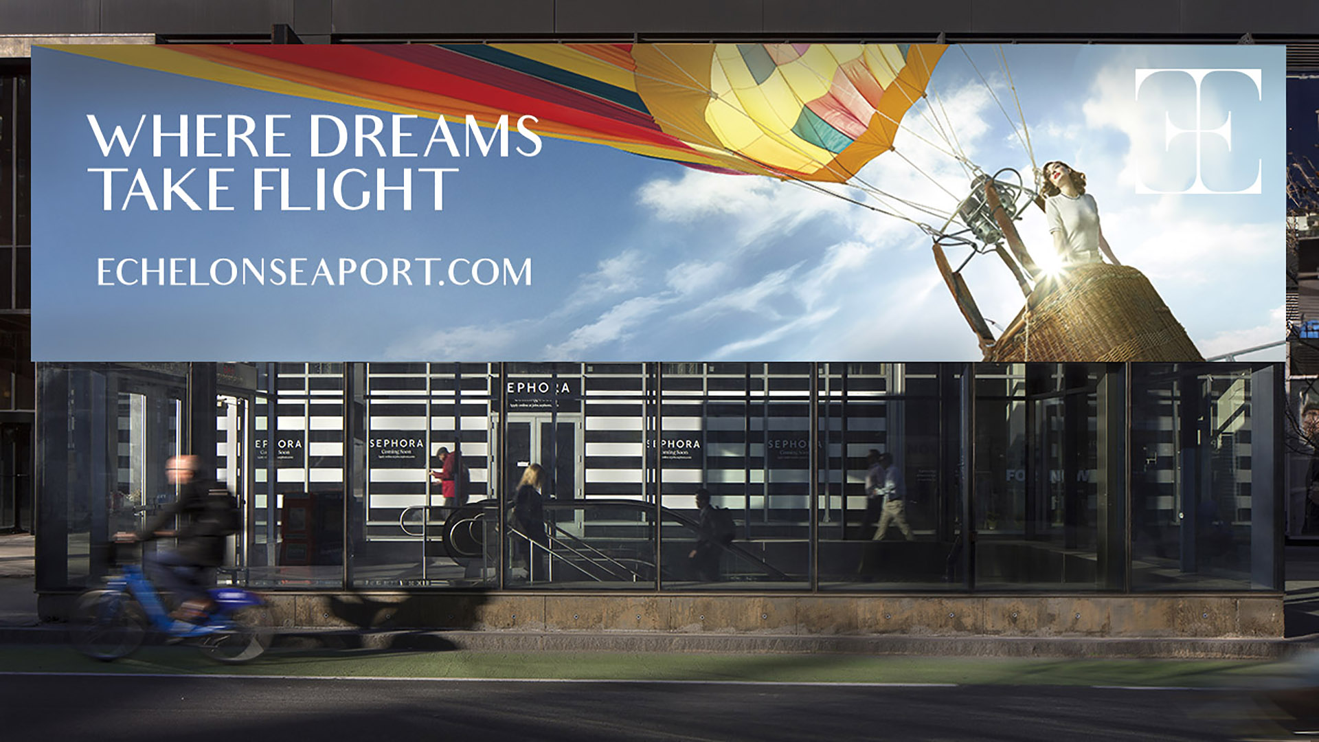 echelon seaport billboard with balloon girl