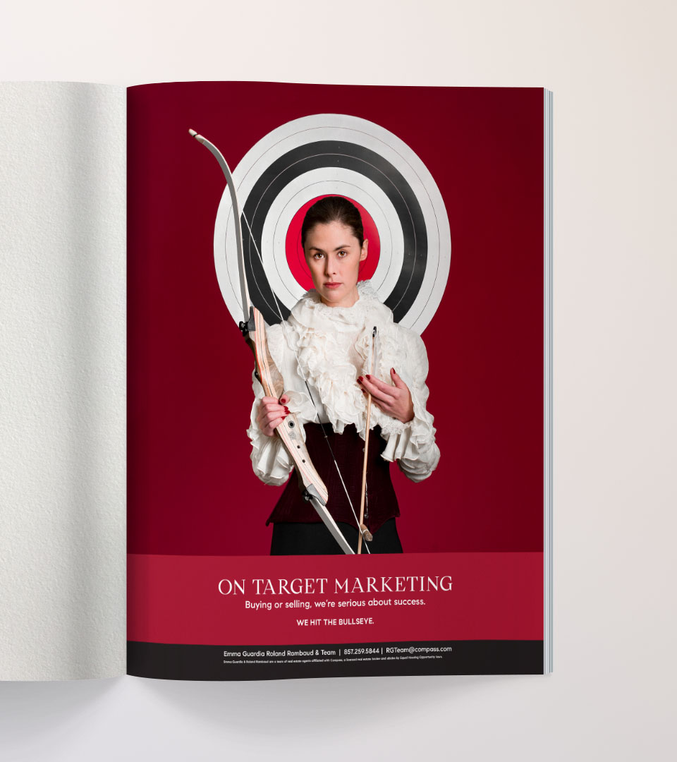emma guardia archery ad with red background
