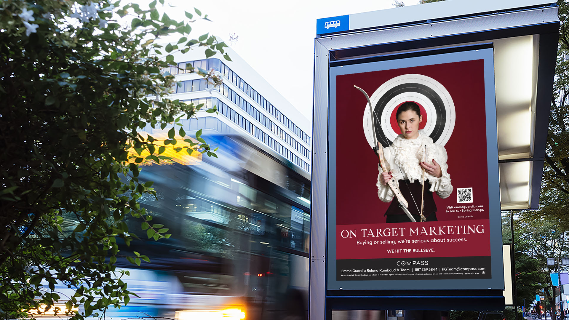 emma guardia archery with red background and target on bus signage