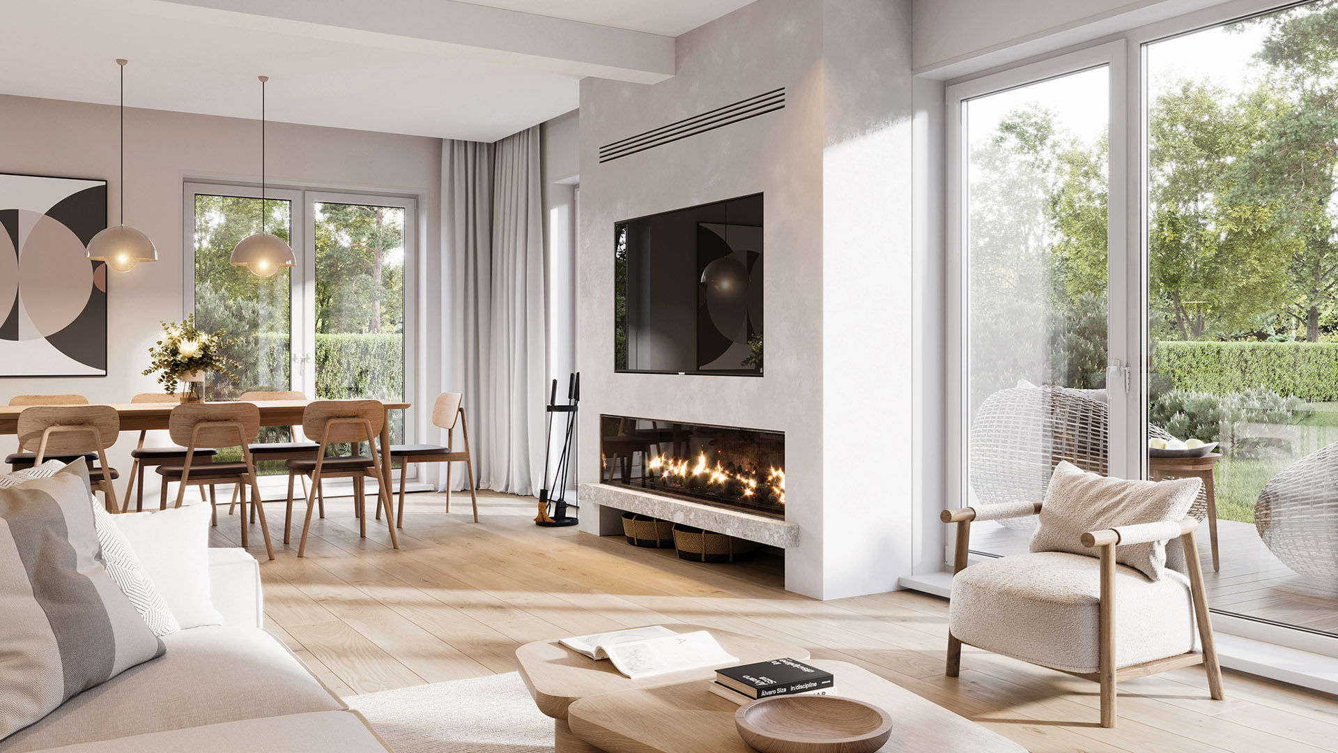 featherwinds living room with fireplace