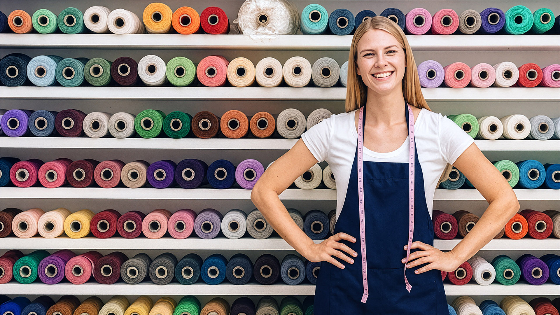 gaila woman standing in front of rolls of fabrics