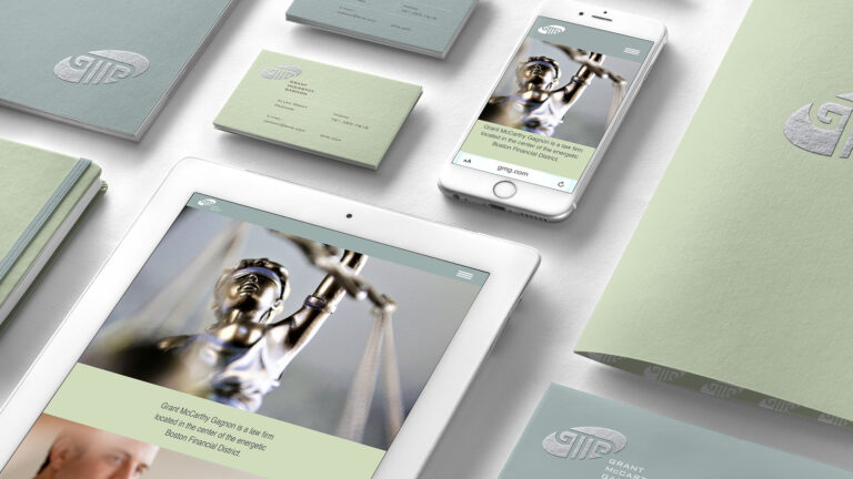 grant mccarthy gagnon brand identity with business cards, ipad and iphone