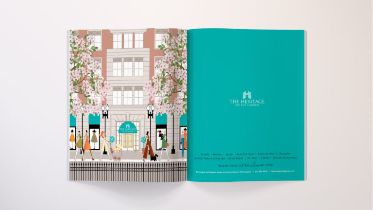 heritage on the garden ad spread with pink flowers and building