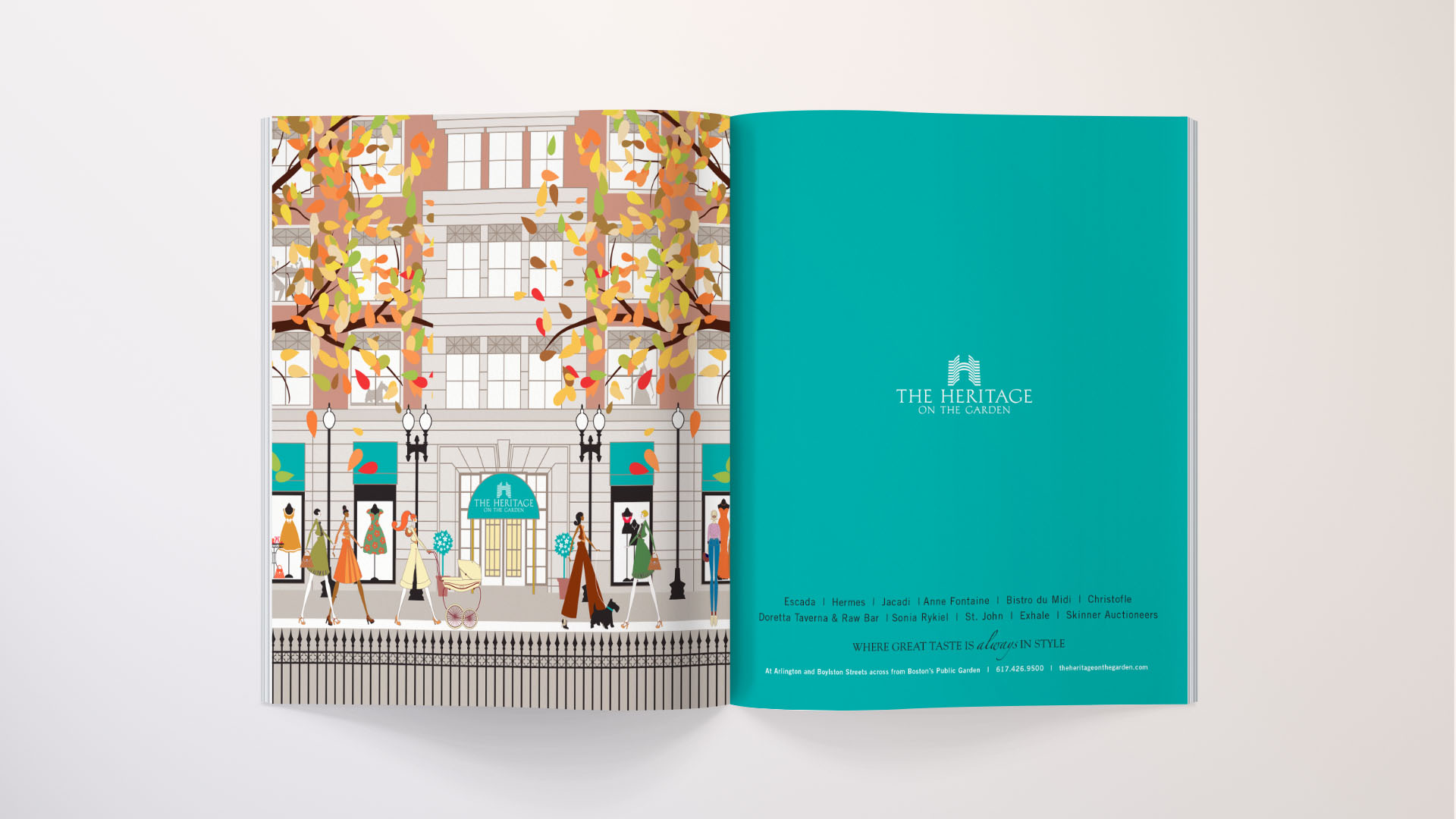 llustration-driven campaign imagery for Heritage On The Garden visual identity featuring bold seasonal color and character