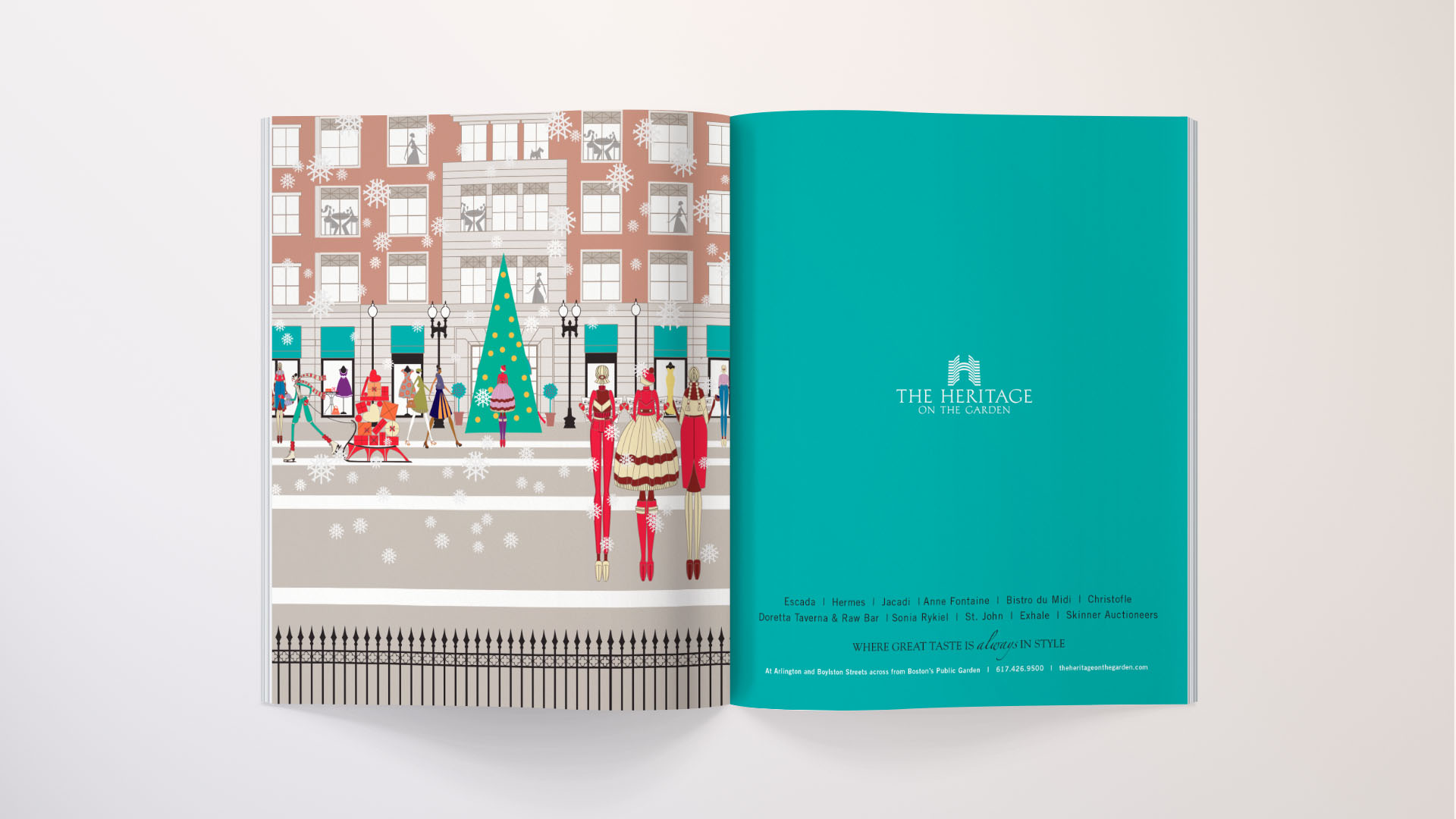 llustration-driven campaign imagery for Heritage On The Garden visual identity featuring bold seasonal color and character