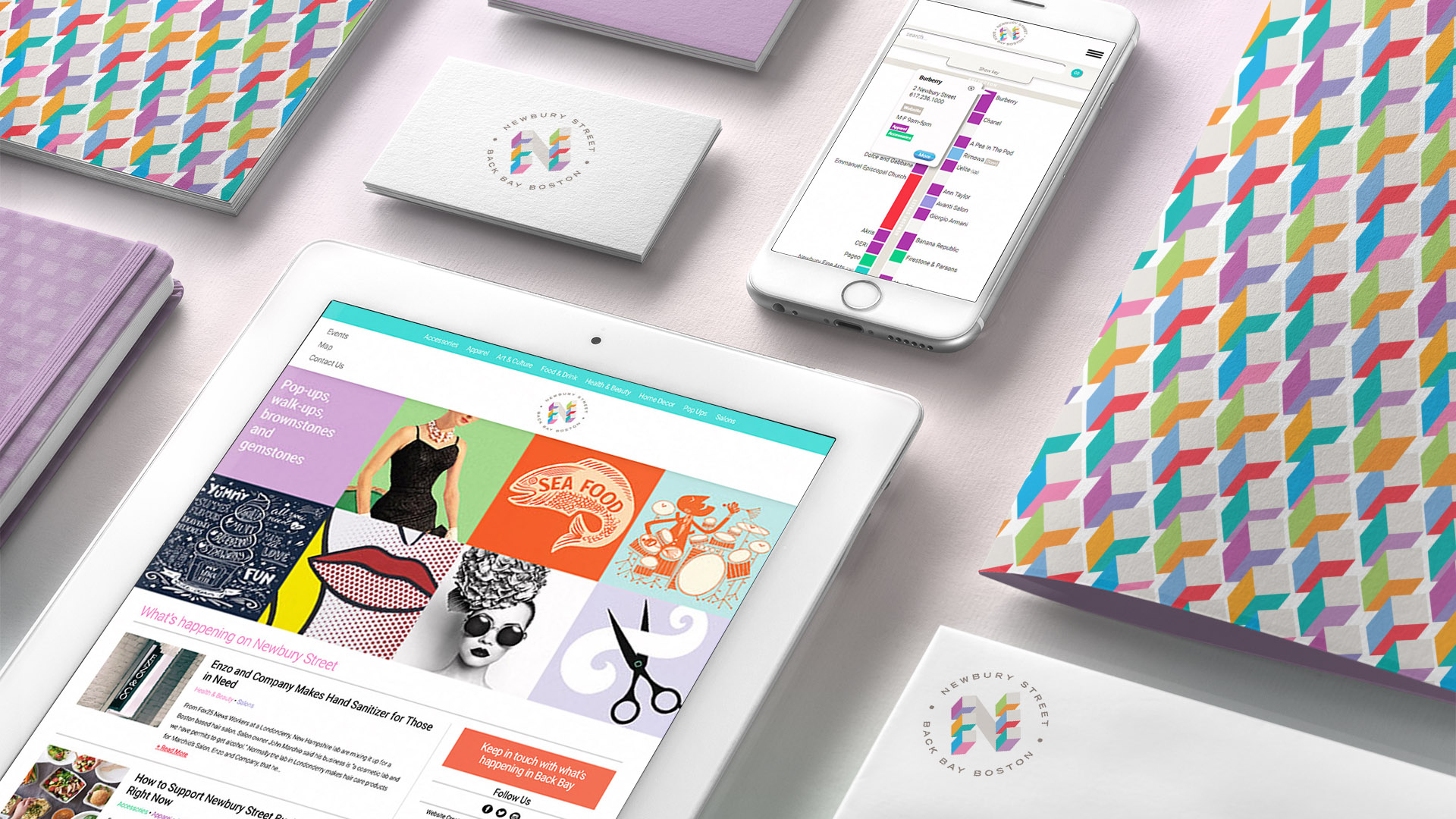 newbury street logo on ipad and iphone and folder by brenda adams, boston logo designer