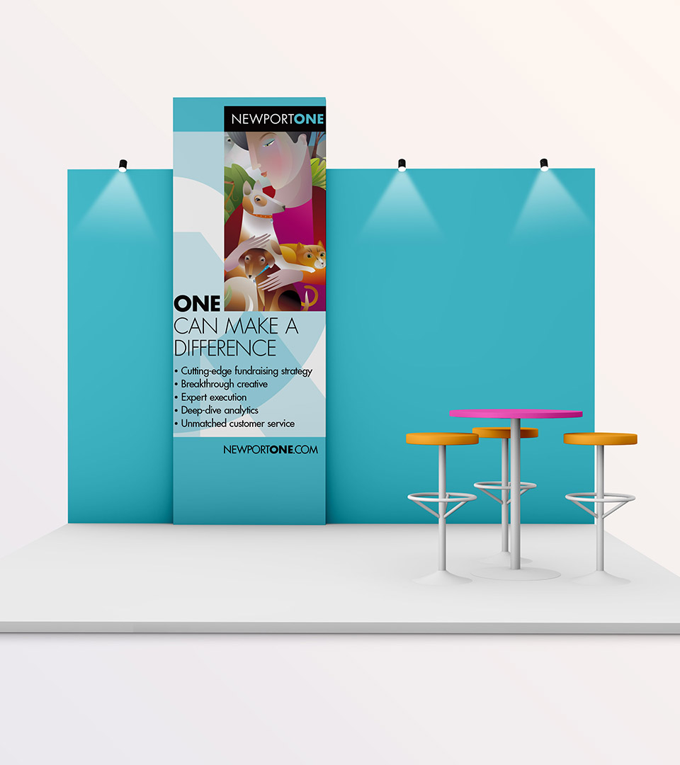 newport one-tradeshow booth with banner and table and chairs