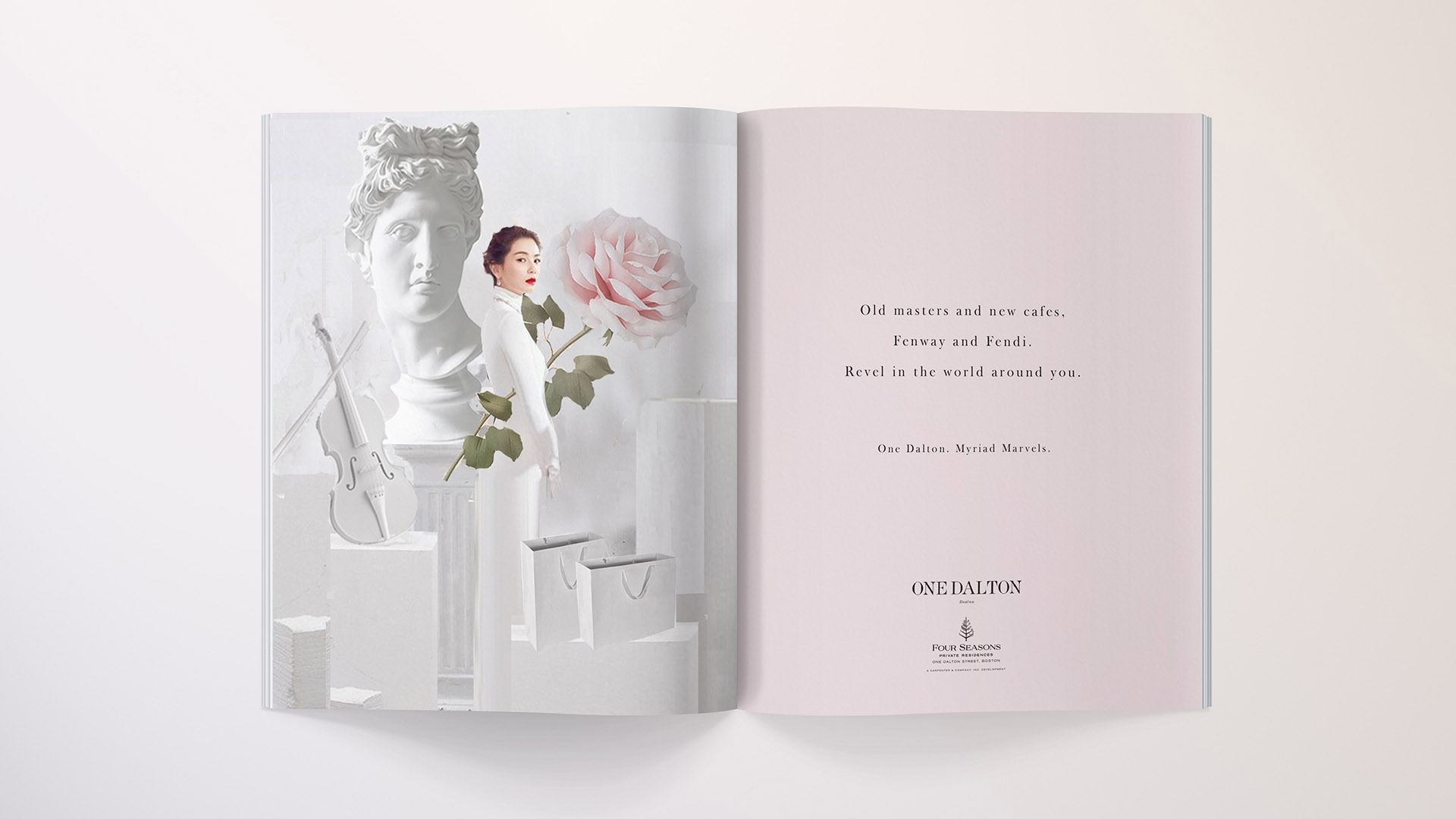 one dalton four seasons double page ad with asian woman dressed in white amidst white pedestals with statues