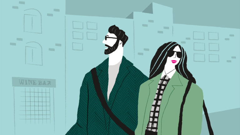 prism apartments couple walking downtown