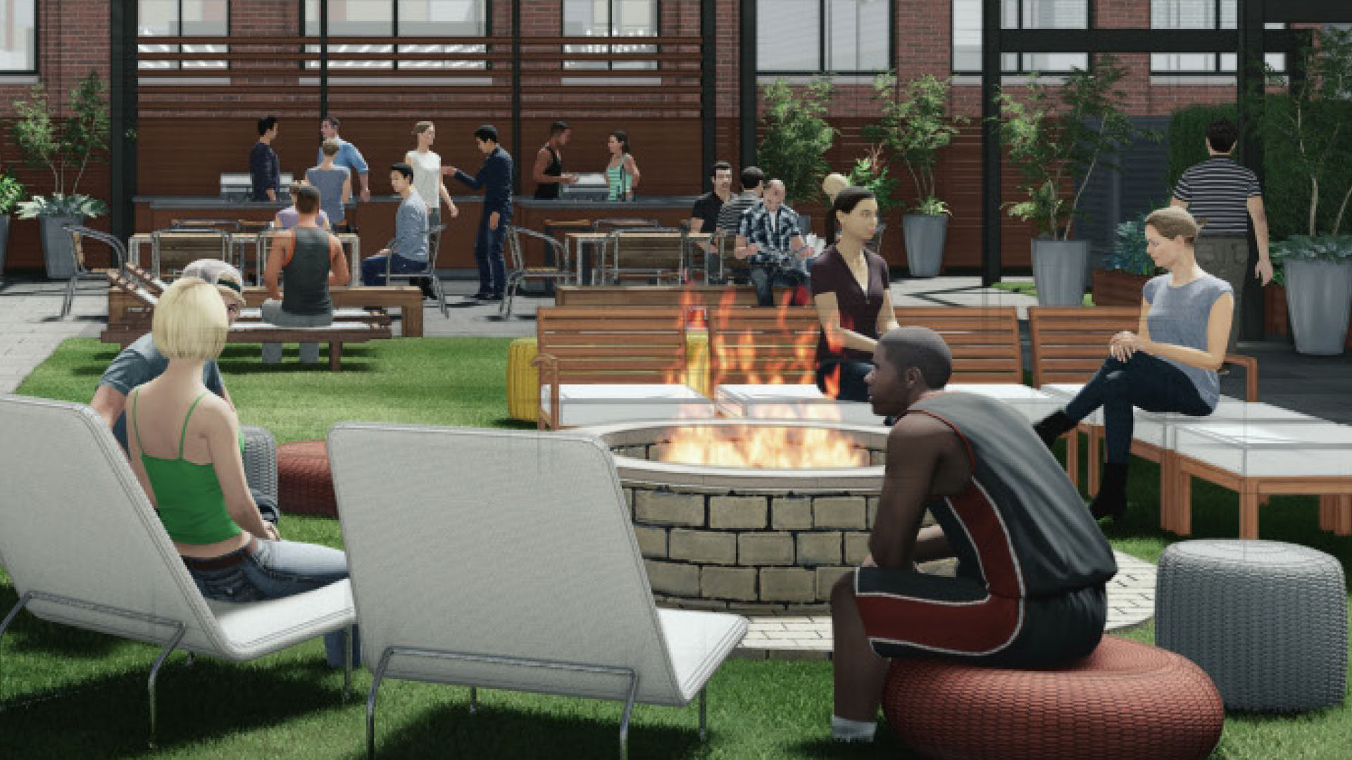 prism apartments courtyard with firepit