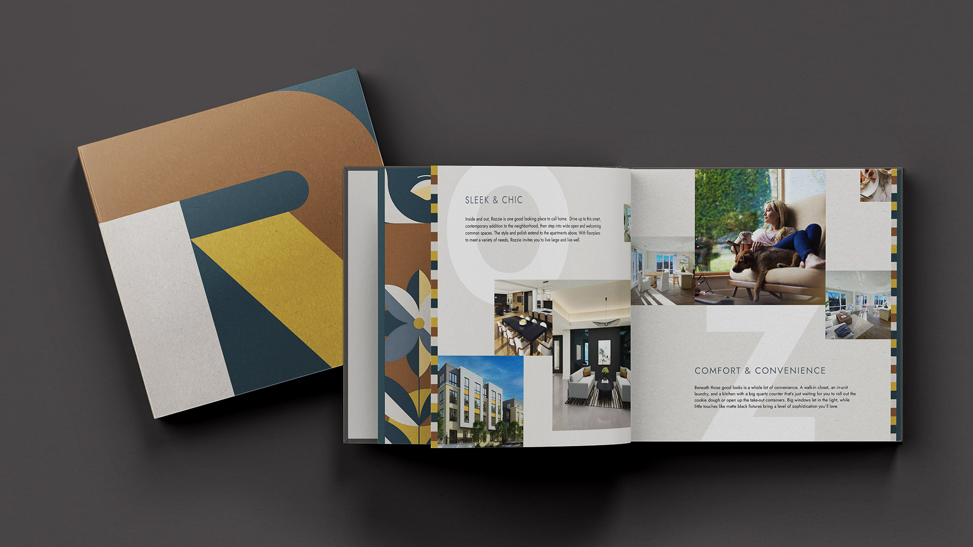 rozzie boston brochure cover and spread on gray