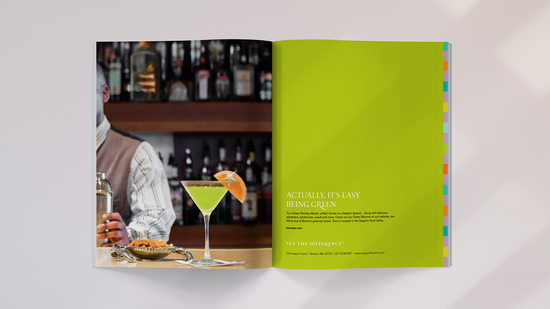seaport hotel tamo ad with bartender and green martini