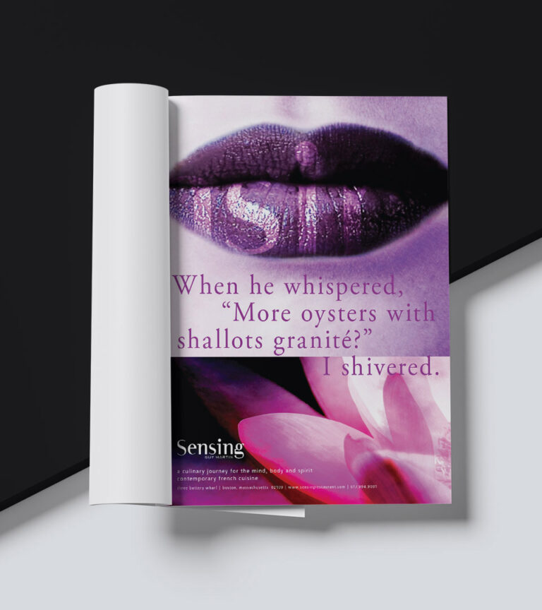 Magazine ad with lip art and steamy romance quote