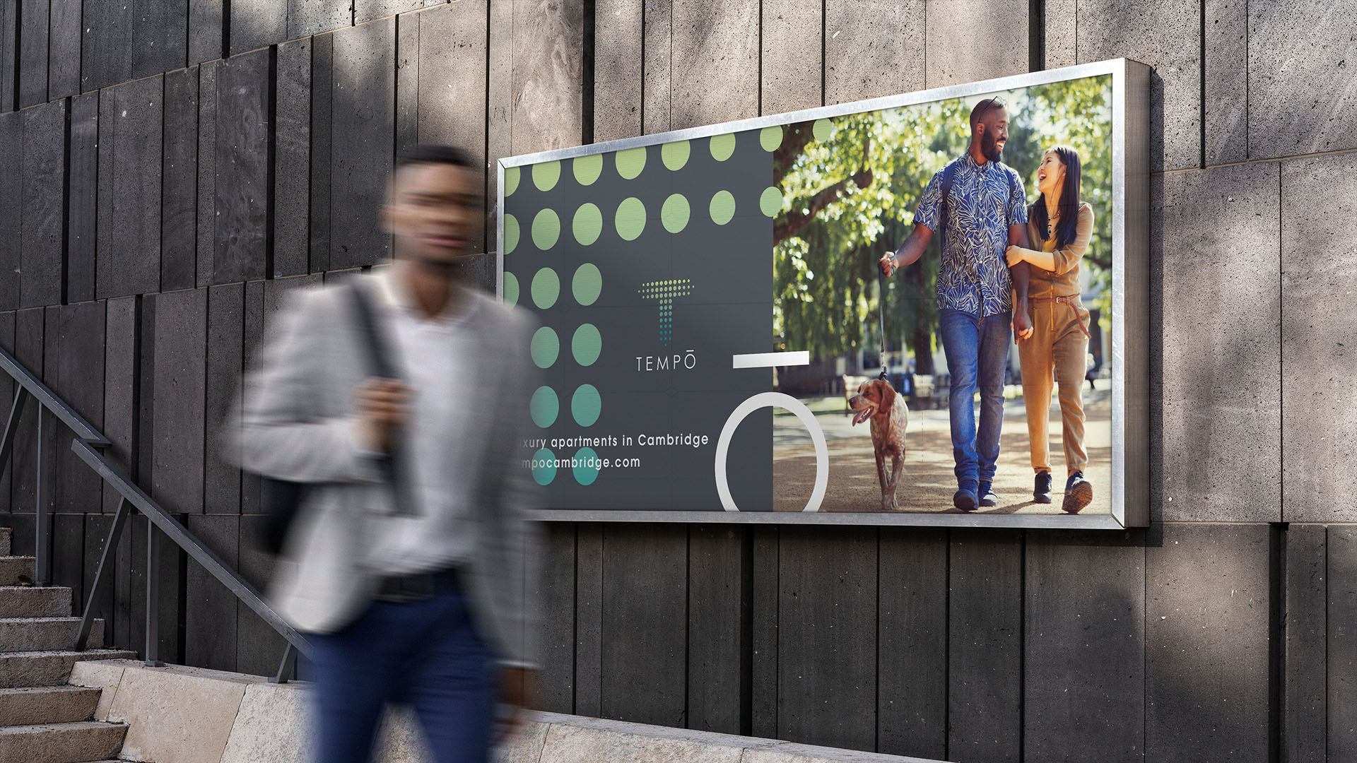 tempo apartments subway signage with african american man walking by poster