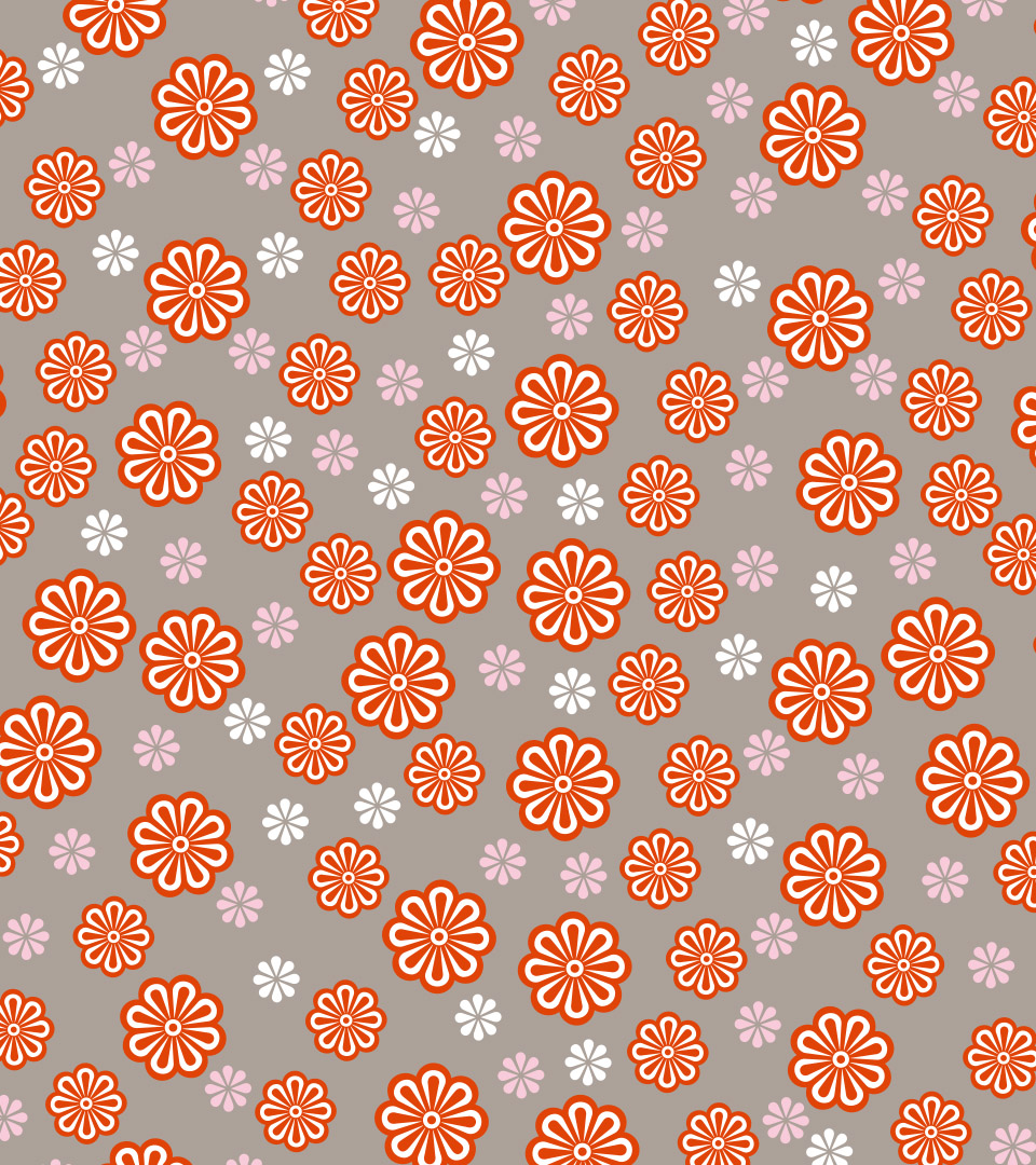 Adams Design, a Boston graphic design firm, created the gaila fund orange and pink and white floral pattern on gray